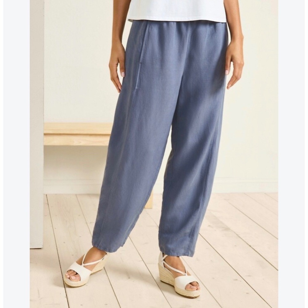 Eileen Fisher Organic Linen Tapered Pants Blue Gray Elastic Waist Medium